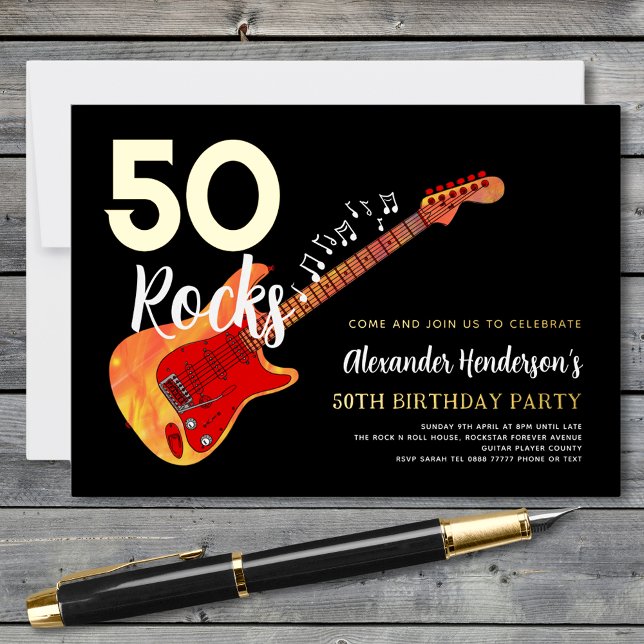 Rock and Roll 50th Birthday Party Gold (50 Rocks Fire Guitar black and gold foil 50th birthday party invitation personalized for him)