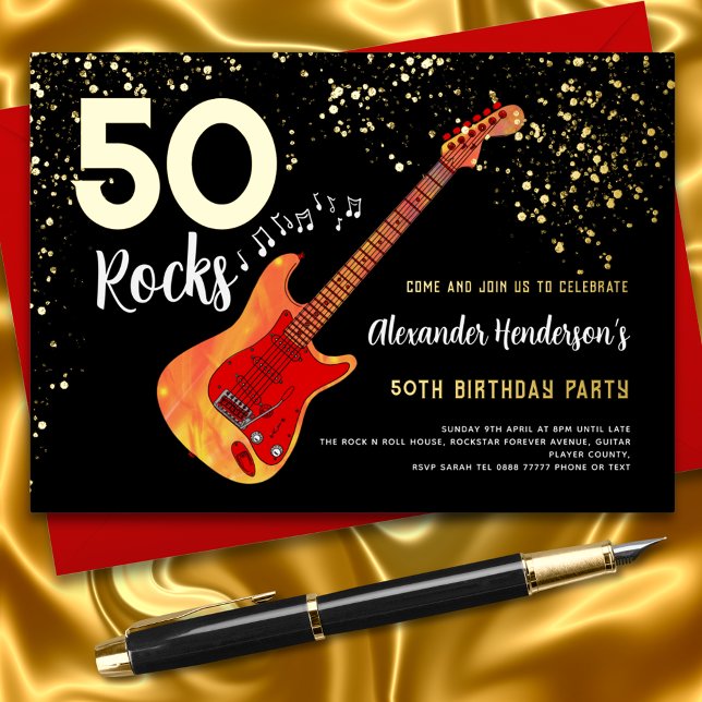Rock and Roll 50th Birthday Party Gold Glitter (Rock and roll black and gold glittter foil 50th birthday party invitation 50 Rocks guitar)