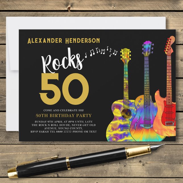 Rock and Roll 50th Birthday Party Invitation (Rock and roll 50th birthday party invitation for him funky psychedelic guitars cool gold and black)
