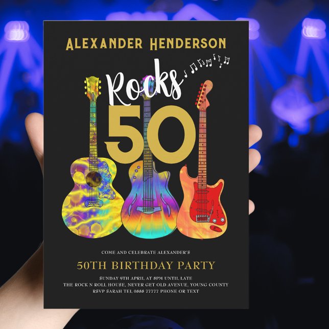 Rock and Roll 50th Birthday Party Invitation (Rock and roll 50th birthday invitation for him funky guitars cool modern gold typography on black)