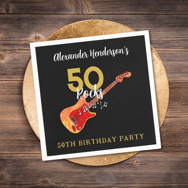 Rock and Roll 50th Birthday Party Napkin (50 Rocks Cool Guitar black and gold 50th birthday party personalized napkin)