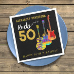 Rock and Roll 50th Birthday Party Napkin<br><div class="desc">Rock and roll 50th birthday party napkins with three cool funky guitars cool Gold typography on a black background. 50 rocks for your rockstar husband, dad, brother, boyfriend or partner with electric guitar with Fire flame pattern and red pick guard, multicolored semi acoustic guitar and psychedelic classic acoustic guitar. Easy...</div>