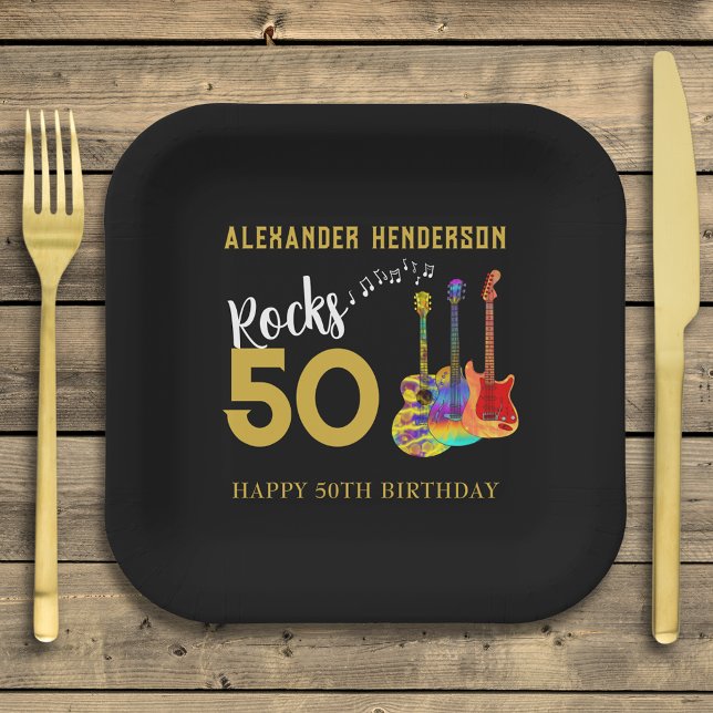 Rock and Roll 50th Birthday Party  Paper Plate (Rock and roll 50th birthday party paper plates personalized for him cool funky guitars gold & black)