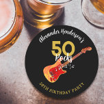 Rock and Roll 50th Birthday Party Round Paper Coaster<br><div class="desc">Celebrate him turning fifty in rock and roll style with this cool 50 Rocks personalised 50th birthday party black paper coaster. Whether it’s you rockstar husband, boyfriend, dad or friend this cool flame electric guitar with red pick guard illustration, musical notes and gold modern typography script celebrate them in rock...</div>