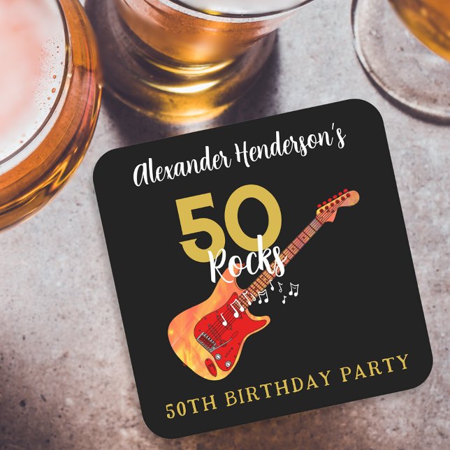 Rock and Roll 50th Birthday Party Square Paper Coaster (50 Rocks funky guitar cool gold and black 50th birthday party paper coaster personalized for him)