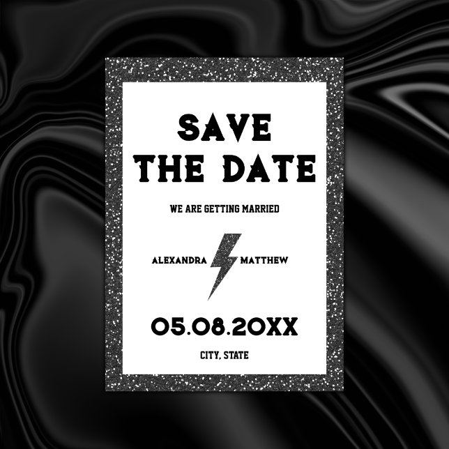 Rock and Roll Black Glitter Retro Save The Date (rock and roll save the date black glitter rock black wedding retro vintage)