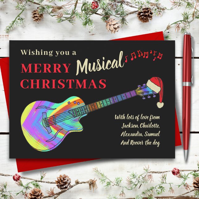Rock and Roll Christmas Guitar Holiday Card (Rock and roll Christmas guitar custom holiday greeting card with colorful funky electric guitar)