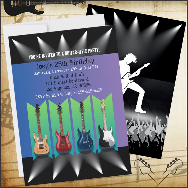 Rock and Roll Electric Guitar Birthday Invitations (Electric Guitar Birthday Party Invitations)