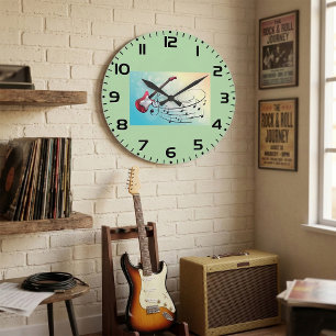 Rock and Roll Electric Guitar Swirling Music Notes Large Clock