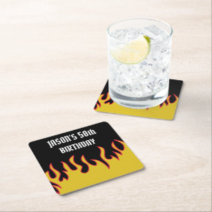 Rock and Roll Flames Custom Message Party Square Paper Coaster