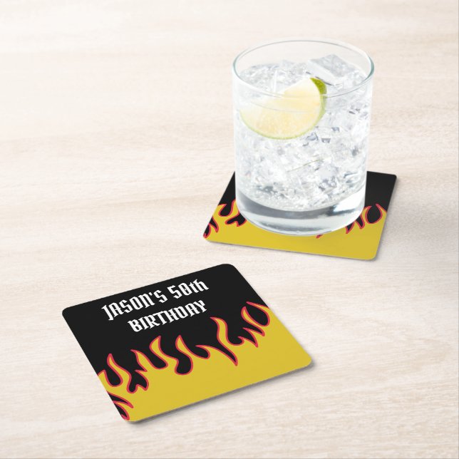 Rock and Roll Flames Custom Message Party Square Paper Coaster (Insitu)