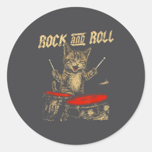 Rock And Roll Funny Cat Playing Drum For Men Women Classic Round Sticker