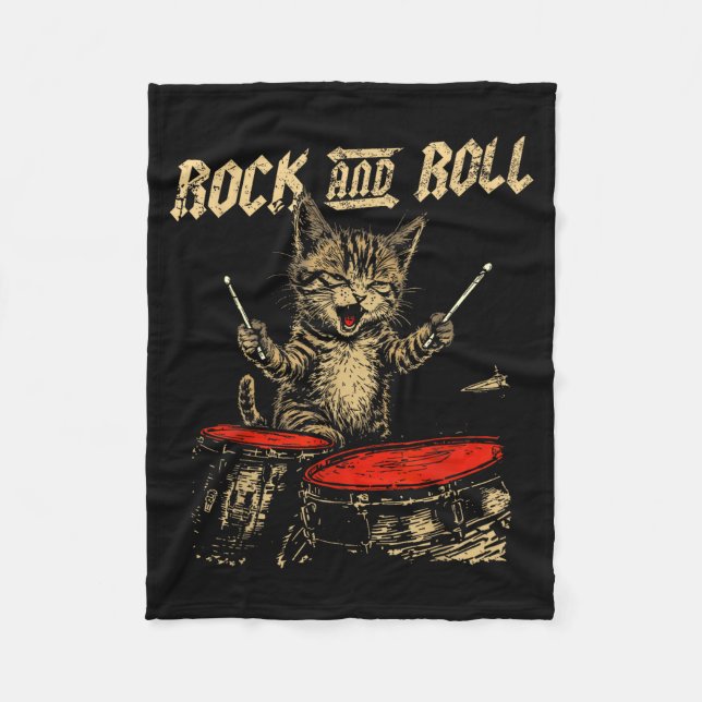 Rock And Roll Funny Cat Playing Drum For Men Women Fleece Blanket (Front)