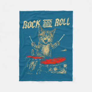 Rock And Roll Funny Cat Playing Drum For Men Women Fleece Blanket
