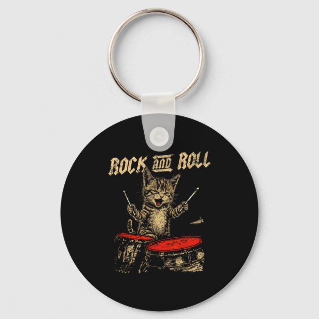 Rock And Roll Funny Cat Playing Drum For Men Women Key Ring (Front)