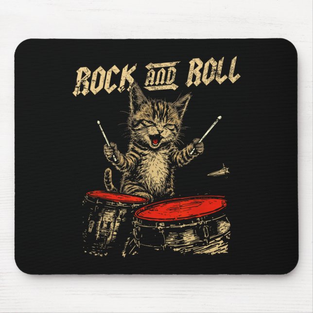 Rock And Roll Funny Cat Playing Drum For Men Women Mouse Mat (Front)