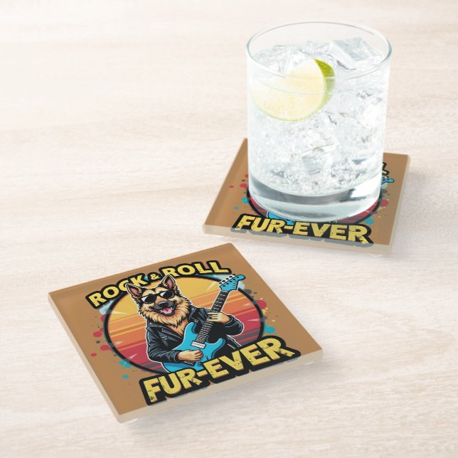 Rock and Roll German Shepherd Retro Sunset Art Glass Coaster (Angled)