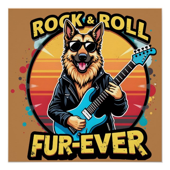 Rock and Roll German Shepherd Retro Sunset Art Poster (Front)