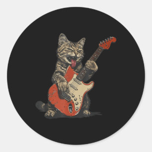 Rock And Roll Guitar Cat Vintage Rock Guitarist Ca Classic Round Sticker