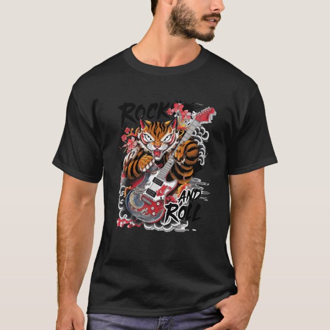 Rock and Roll Guitar Classic Japanese Tiger Tattoo T-Shirt (Front)