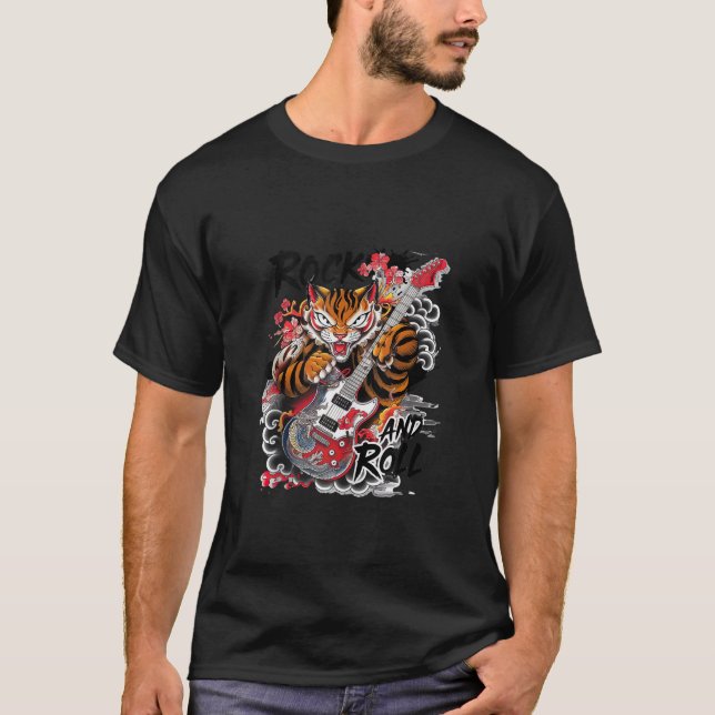 Rock and Roll Guitar Classic Japanese Tiger Tattoo T-Shirt (Front)