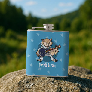 Rock and Roll Guitar Owl in Jumpsuit Cartoon Hip Flask