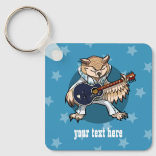 Rock and Roll Guitar Owl in Jumpsuit Cartoon Key Ring