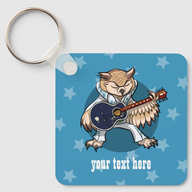 Rock and Roll Guitar Owl in Jumpsuit Cartoon Key Ring (Front)