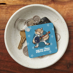 Rock and Roll Guitar Owl in Jumpsuit Cartoon Key Ring