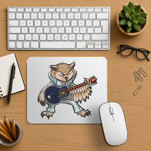 Rock and Roll Guitar Owl in Jumpsuit Cartoon Mouse Mat