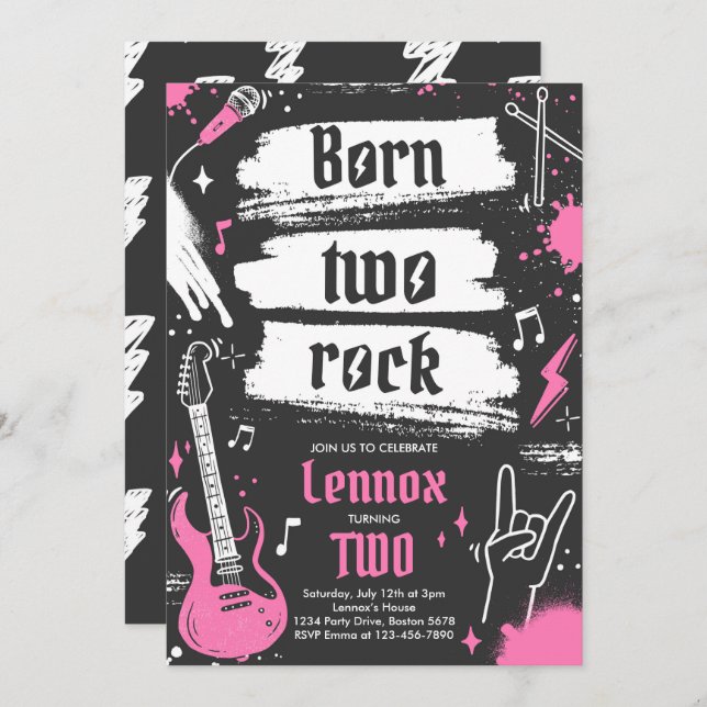 Rock and Roll Party Born Two Rock 2nd Birthday Invitation (Front/Back)