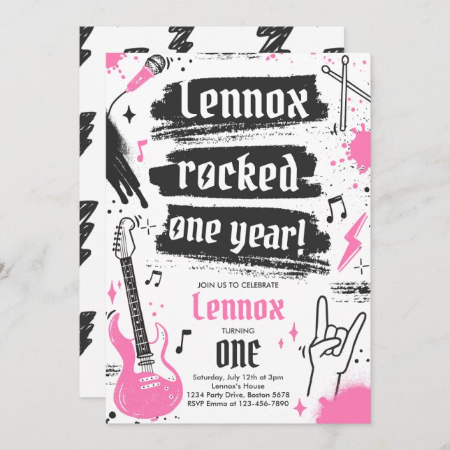 Rock and Roll Party Rocked One Year 1st Birthday Invitation (Front/Back)