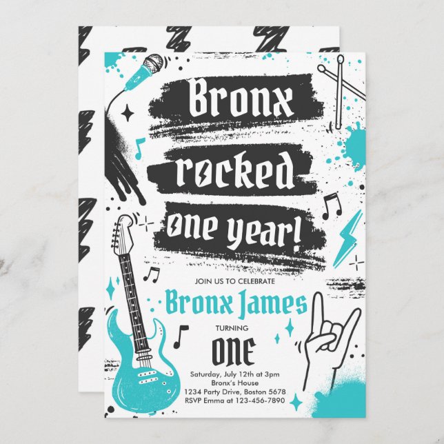 Rock and Roll Party Rocked One Year 1st Birthday Invitation (Front/Back)