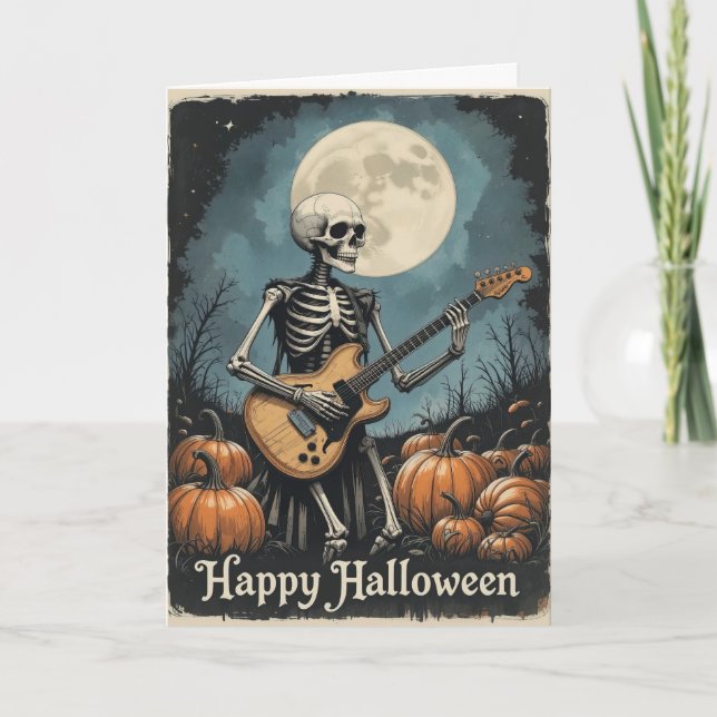 Rock and Roll Skeleton Halloween Music Lovers  Card (Front)