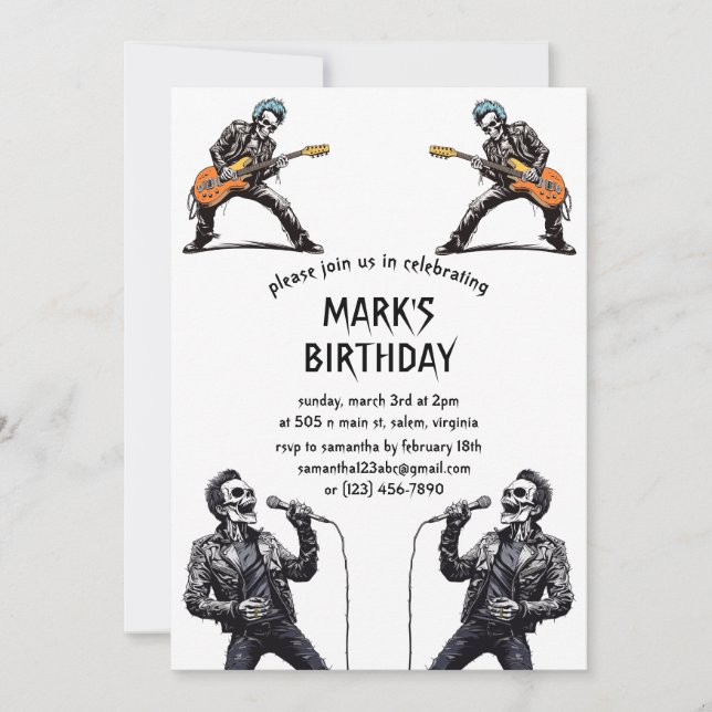 Rock and Roll Skeletons Birthday Party Invitation (Front)