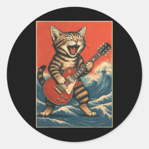 Rock And Roll Surfing Guitarist Funny Cat Lover Gi Classic Round Sticker