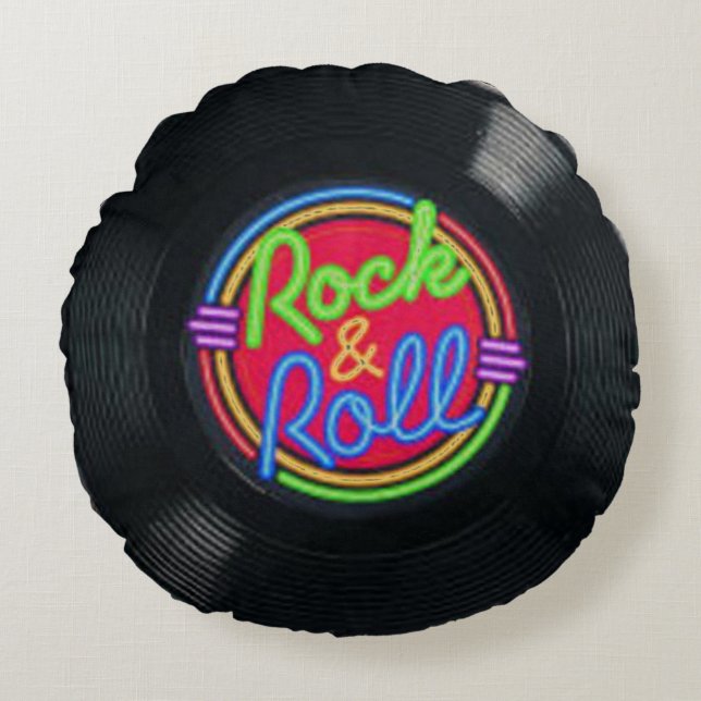 Rock and Roll Vintage Vinyl Round Cushion (Front)