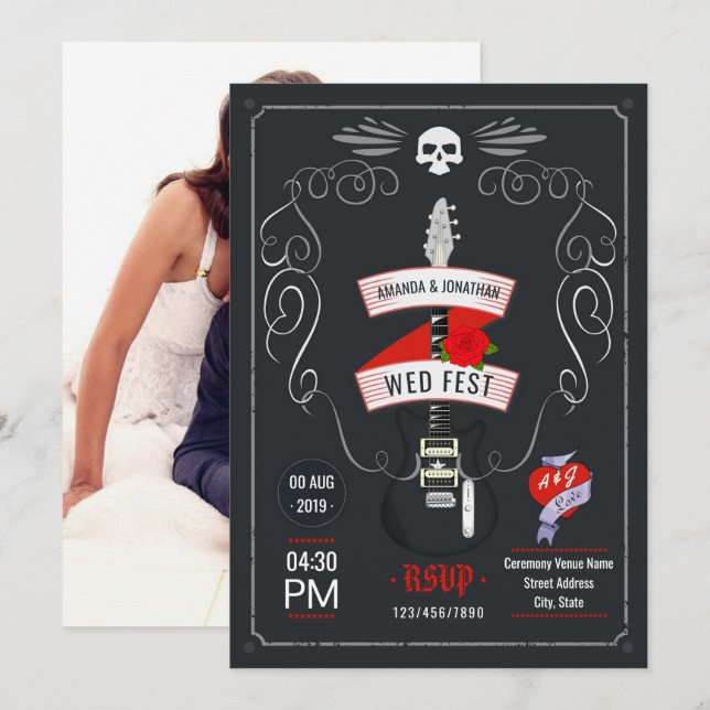 Rock and Roll Wedding chalkboard photo Invitation (Front/Back)