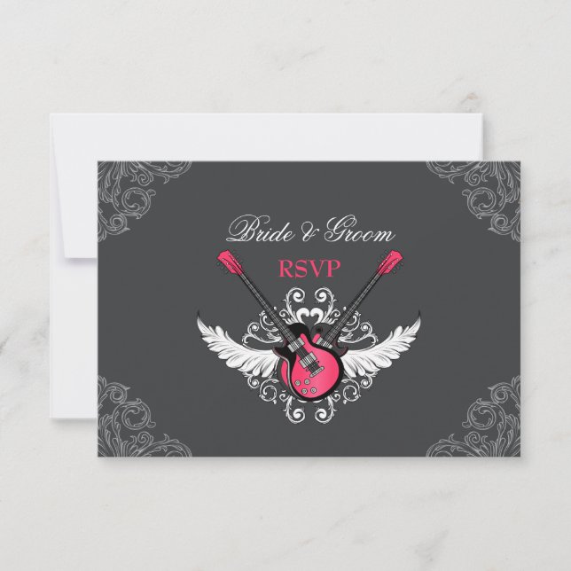 Rock and Roll Wedding Fuchsia Grey RSVP card (Front)