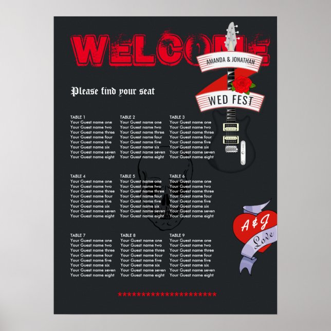 Rock and Roll Wedding Seating Chart (Front)