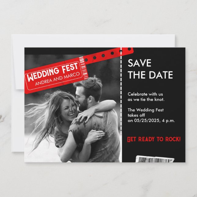 Rock and Roll Wedding Ticket Concert Save the Date (Front)