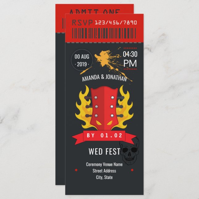 Rock and Roll Wedding ticket custom Invitation (Front/Back)