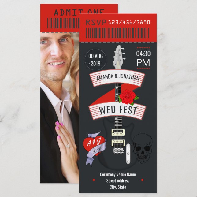 Rock and Roll Wedding ticket photo Invitation (Front/Back)
