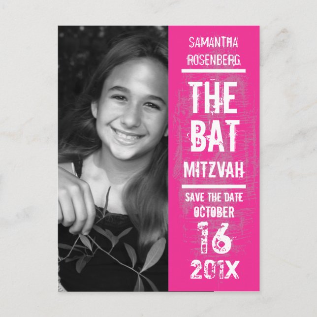 Rock Band Bat Mitzvah Save the Date in Pink Announcement Postcard (Front)