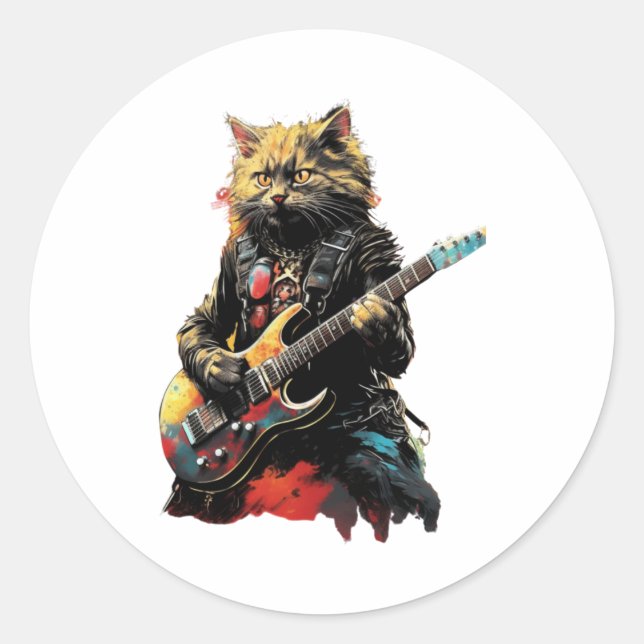 Rock band Cat playing guitar   Classic Round Sticker (Front)