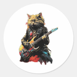 Rock band Cat playing guitar Classic Round Sticker