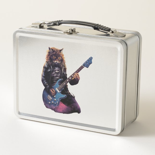 Rock band Cat playing guitar   Metal Lunch Box (Front)