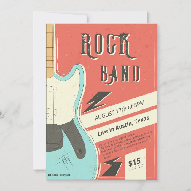 Rock Band Invitation – Retro Guitar Style (Front)