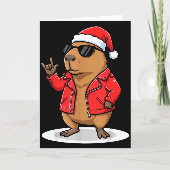Rock Capybara Xmas Santa Men Women Kids Funny Ugly Card (Front)