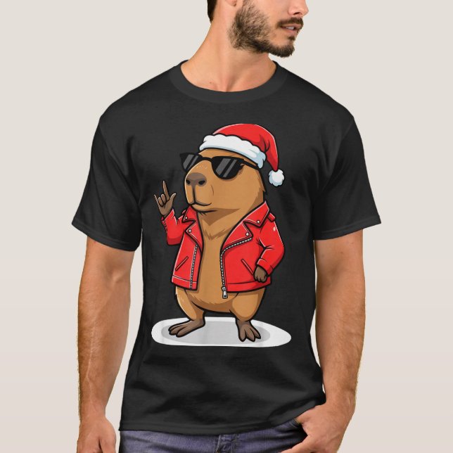 Rock Capybara Xmas Santa Men Women Kids Funny Ugly T-Shirt (Front)